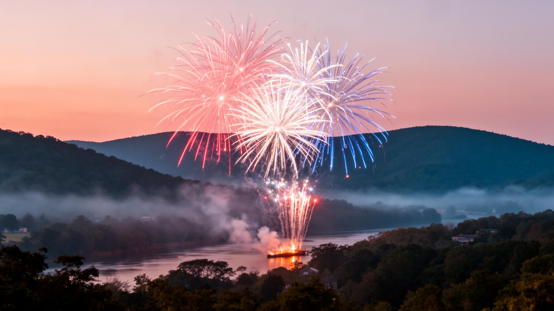 Fireworks over the misty Catskill Mountains and Hudson River at twilight